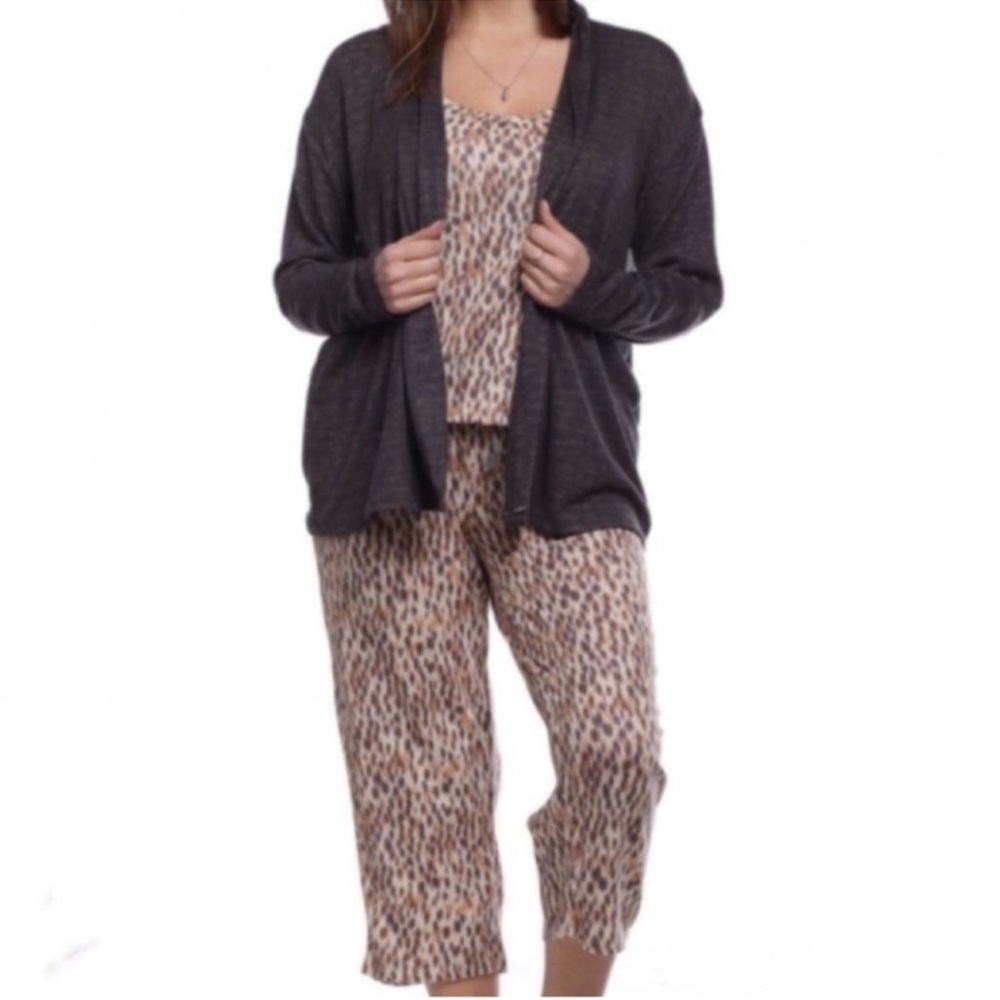 NEW Rene Rofe Three Piece Pajama Loungewear Set Jacket Cami Crop Bottoms Size M